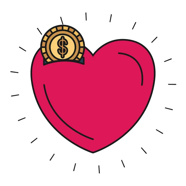 Színes sziluettje pénz doboz, szív alakú szimbólum dollár érme — Stock Vector