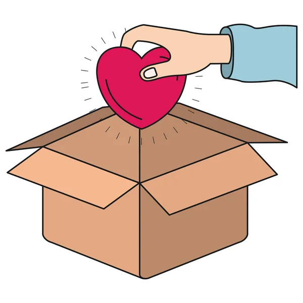 Karton kutunun içinde yatırmak için bir kalp tutan renkli siluet el — Stok Vektör