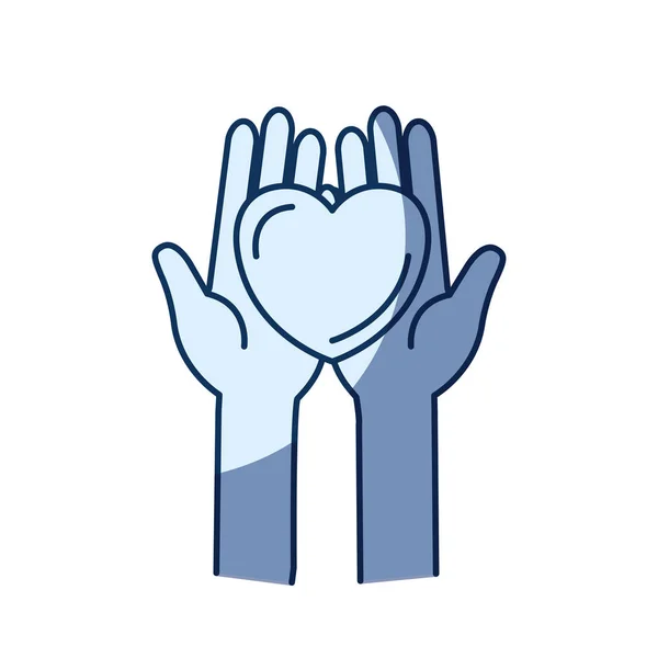 Силуэт синего цвета затенение рук переднего вида, держащих в ладонях символ благотворительности сердца — стоковый вектор