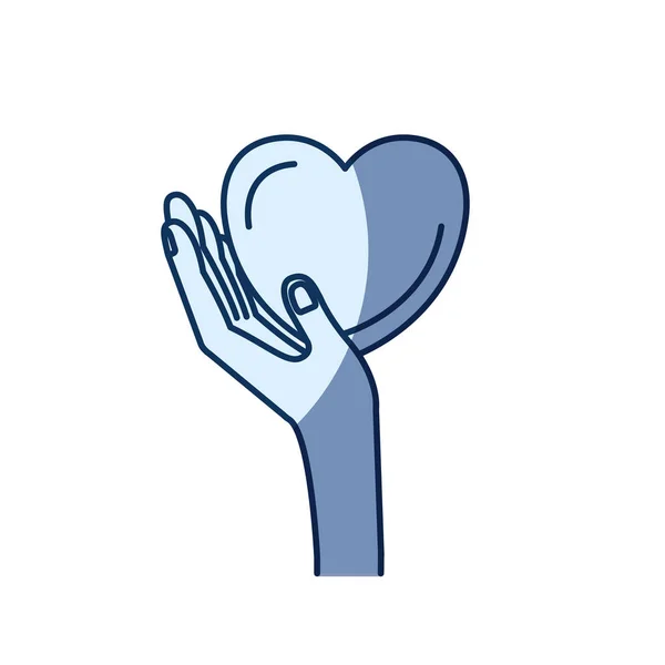 Modrá barva stínování silueta boční pohled ruky držící v palm charitativní symbol srdce — Stockový vektor