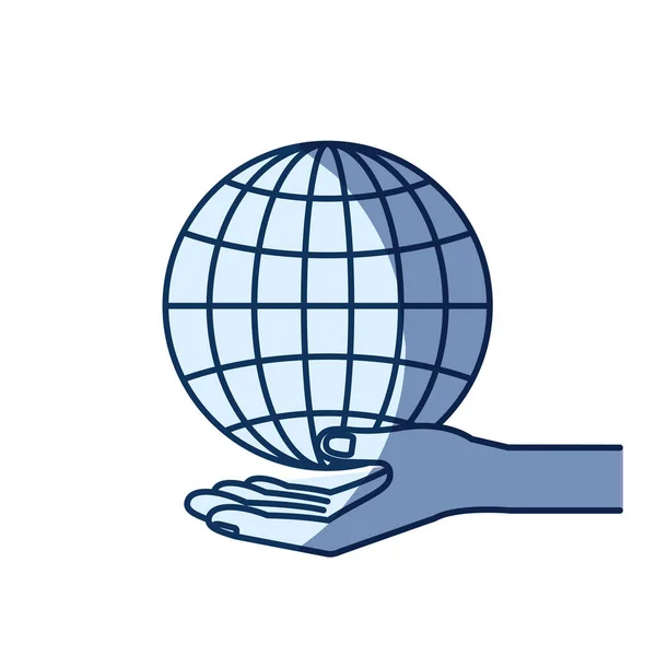 Niebieski kolor cieniowania sylwetka dłoń, podając symbol miłości wykresu globe — Wektor stockowy