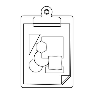 Beyaz arka plan ile tablo bir not defteri sayfası ve geometrik formlar tek renkli siluet
