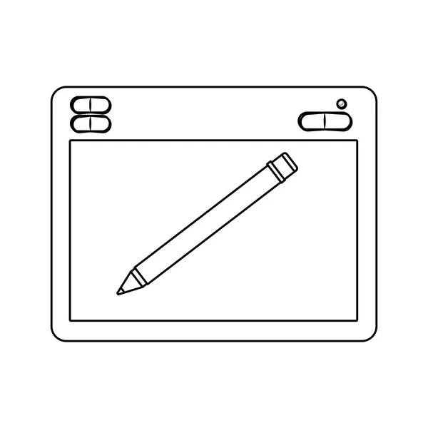 Vit bakgrund med monokrom silhuetten av formgivare grafisk tabell med digital penna — Stock vektor