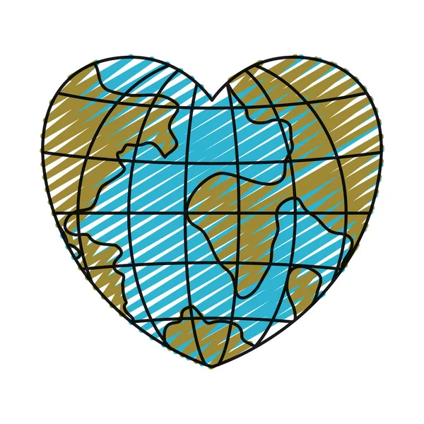 Color crayón silueta vista frontal globo mundo tierra en forma de corazón — Archivo Imágenes Vectoriales