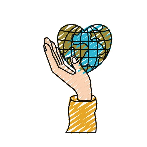 彩色蜡笔剪影的手在棕榈地球全球世界在心的形状 — 图库矢量图片