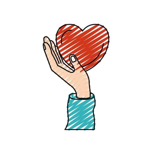 Цветной карандашный силуэт рука держит в ладони символ благотворительности сердца — стоковый вектор