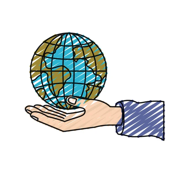 Cor crayon silhueta mão palma dando um globo terrestre símbolo de caridade mundial — Vetor de Stock