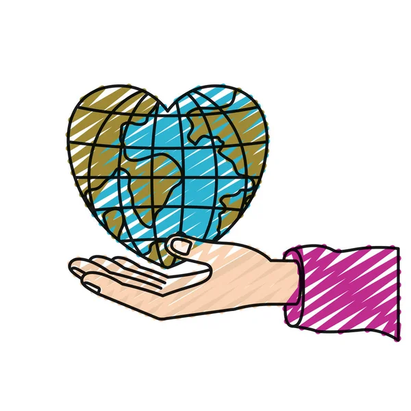 Color crayon silhouette hand palm giving a earth globe world in heart shape — Stock Vector