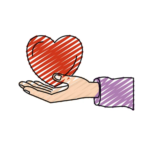 Color crayon silhouette hand palm giving a heart charity symbol — Stock Vector