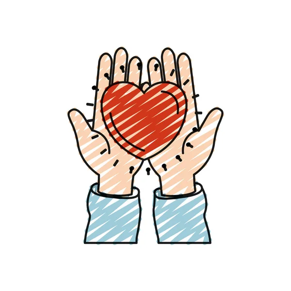 Color crayón silueta vista frontal de las manos sosteniendo en las palmas de un corazón símbolo de caridad — Vector de stock