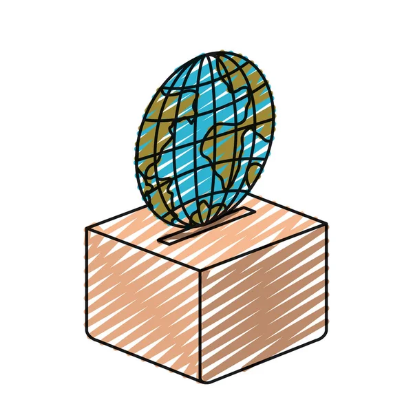 Couleur crayon silhouette globe plat terre monde dépôt dans une boîte en carton — Image vectorielle