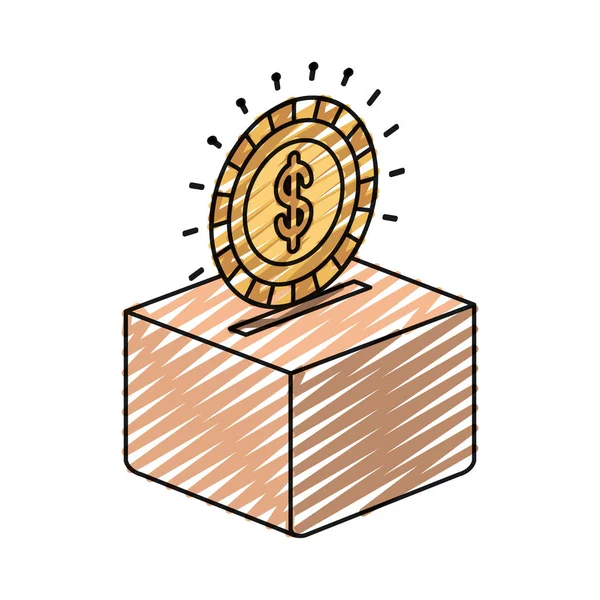 Färgkrita siluett platt mynt med dollarn symbolen insättning i en kartong — Stock vektor