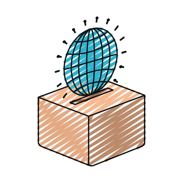 Cor crayon silhueta plana globo terra mundo gráfico depositando em uma caixa de papelão — Vetor de Stock
