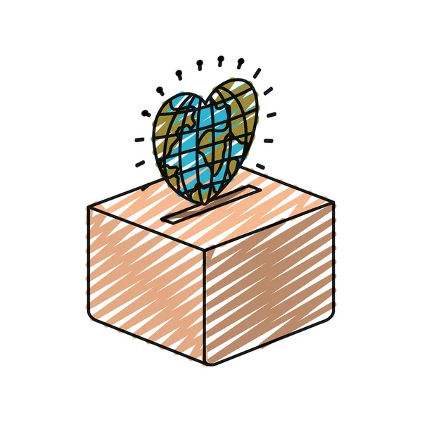 Kalp şekli bir karton kutu içinde para yatırmak içinde renk mum boya siluet düz küre Dünya — Stok Vektör