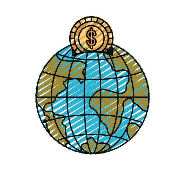 Color crayón silueta caja de dinero en forma de mundo tierra globo con moneda con símbolo de dólar — Archivo Imágenes Vectoriales