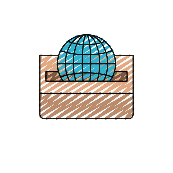 Couleur crayon silhouette vue de face globe plat terre carte du monde dépôt dans une boîte en carton — Image vectorielle