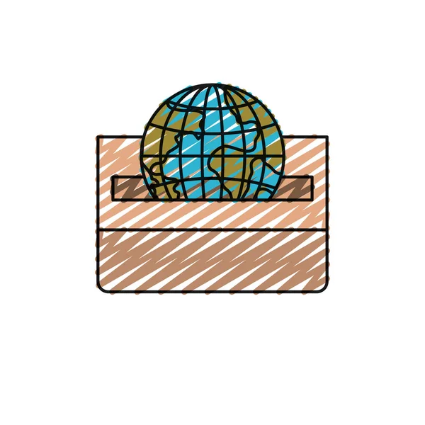 Cor silhueta de lápis de cor vista frontal globo plano mundo da terra depositando em uma caixa de papelão — Vetor de Stock