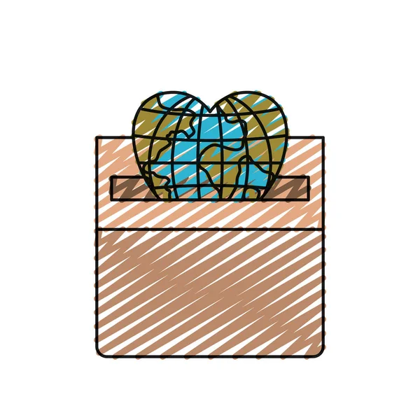 Couleur crayon silhouette vue de face globe plat monde terre en forme de coeur dépôt dans une boîte en carton — Image vectorielle