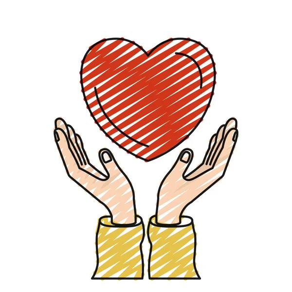 Color crayon silhouette hands with floating heart charity symbol — Stock Vector