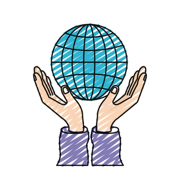 Färgkrita siluett händer med flytande globe välgörenhet globala sjökortssymbol — Stock vektor