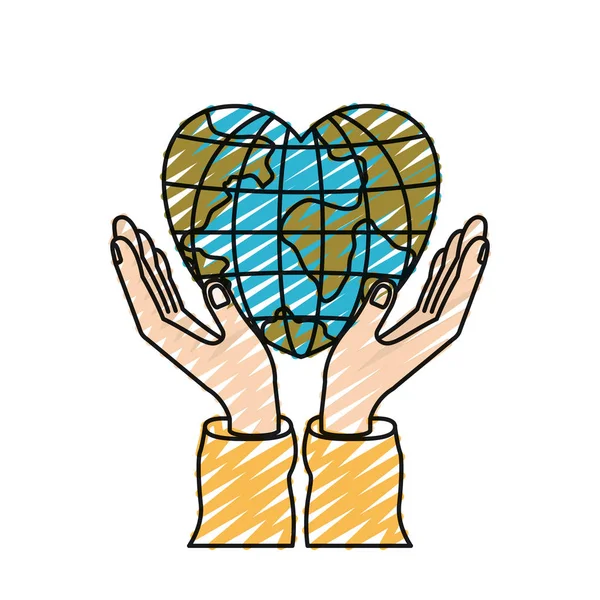 Barevná pastelka silueta ruce s plovoucí země světa svět ve tvaru srdce — Stockový vektor