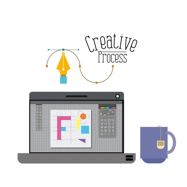 Fond coloré avec ordinateur portable et tasse de thé processus créatif — Image vectorielle