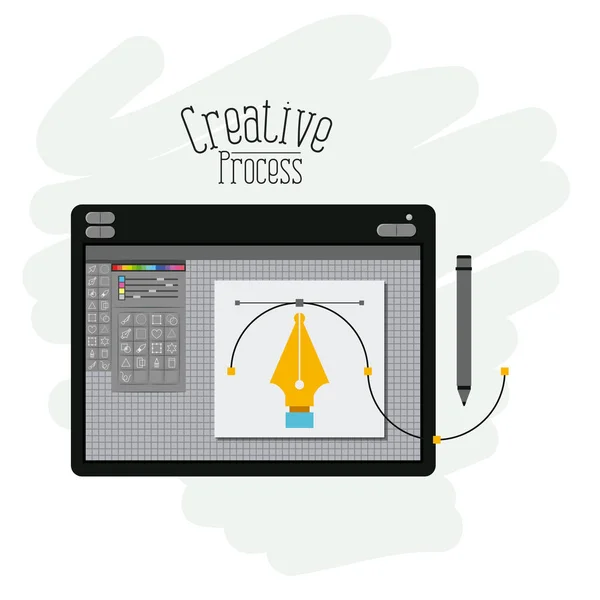 Bunten Hintergrund mit Designern Grafik-Tisch mit Füllfederhalter Linien Design kreativen Prozess — Stockvektor