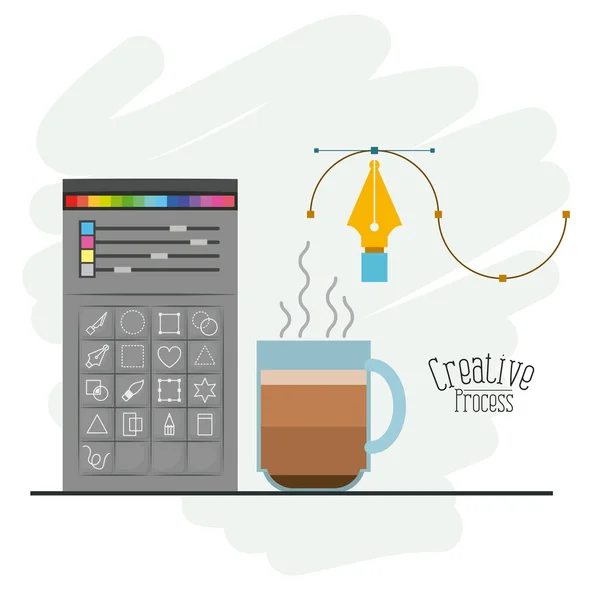 Kolorowe tło z palety i narzędzie pole kolor projektant graficzny i gorący coffee Cup — Wektor stockowy
