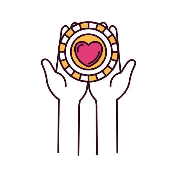 Sziluettjét színes szakaszok elölnézet tartó kezek tenyerét egy pénzérme és szív alakú szimbólum szeretet belső — Stock Vector