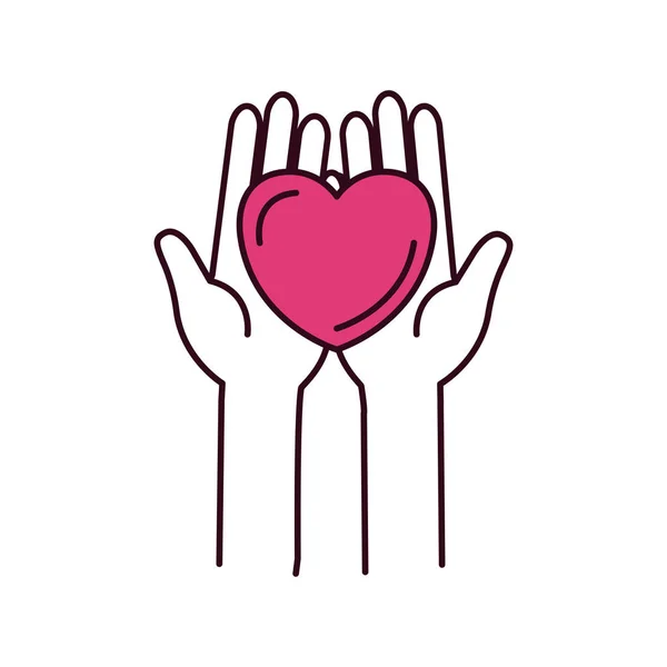 Силуэт цветовых секций переднего вида руки держат в ладонях символ благотворительности сердца — стоковый вектор