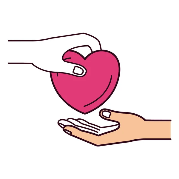 Silueta color secciones vista lateral de la palma humana sosteniendo un símbolo de caridad del corazón para depositar en otra mano — Archivo Imágenes Vectoriales