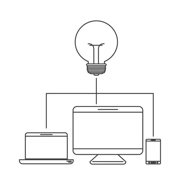 Bílé pozadí s silueta nastavit tech zařízení připojeno k žárovce — Stockový vektor