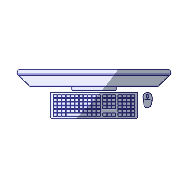 Λευκό φόντο με μπλε σκίαση σιλουέτα του επιτραπέζιου υπολογιστή σε κάτοψη — Διανυσματικό Αρχείο