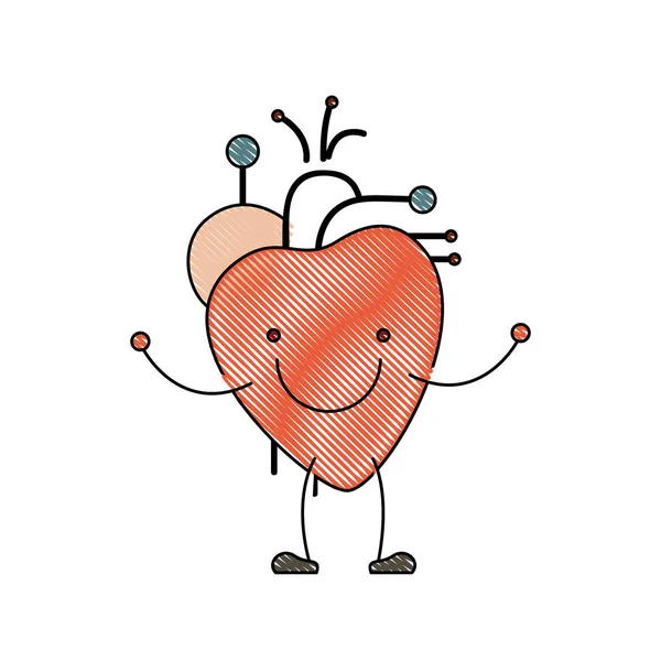 Cor silhueta crayon caricatura com sistema circulatório rosto feliz com coração — Vetor de Stock