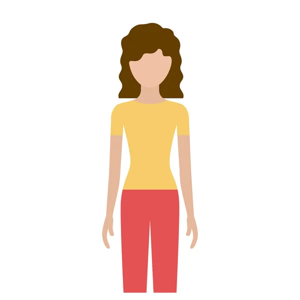 Silhouette colorée sans visage vue de face femme avec pantalon et cheveux bouclés — Image vectorielle