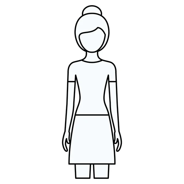 Silueta de boceto de la mujer vista frontal sin rostro con falda y peinado recogido — Vector de stock