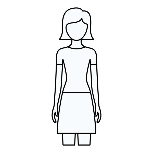 Esquisse silhouette de femme sans visage vue de face avec jupe et coiffure courte droite — Image vectorielle