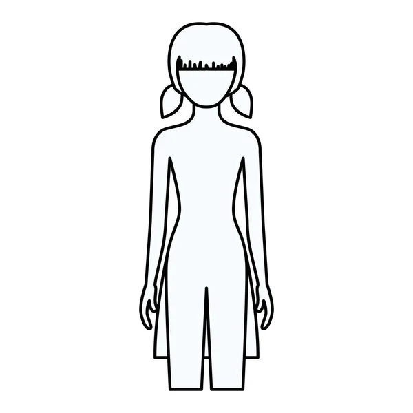 Bosquejo silueta de faceless vista frontal chica desnudo cuerpo con coletas peinado — Vector de stock