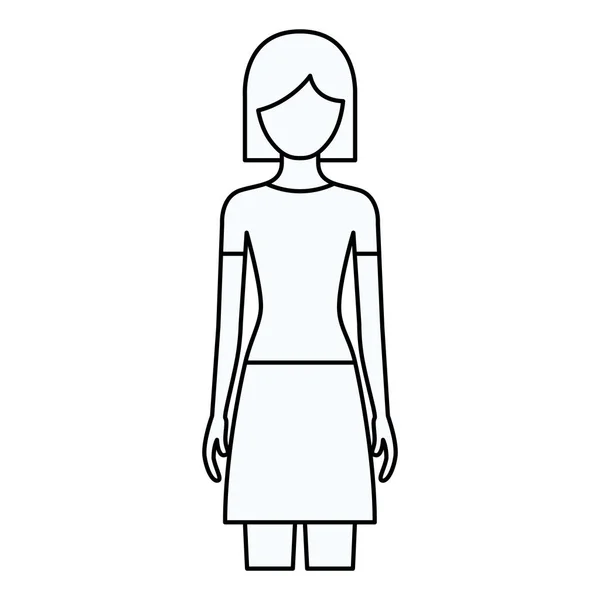 Croquis silhouette de femme sans visage vue de face avec jupe et cheveux courts — Image vectorielle