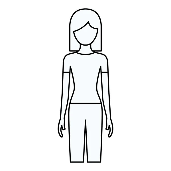 Silueta de dibujo de la mujer vista frontal sin rostro con pantalones y pelo corto — Vector de stock