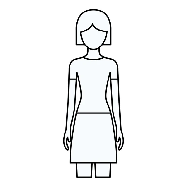 Esboço silhueta de mulher vista frontal sem rosto com saia e penteado curto — Vetor de Stock