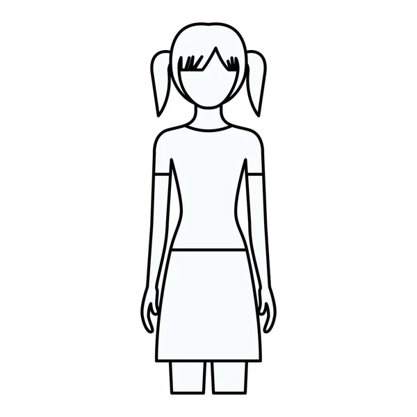 Silueta de boceto de la mujer vista frontal sin rostro con falda y alto peinado de coletas — Vector de stock
