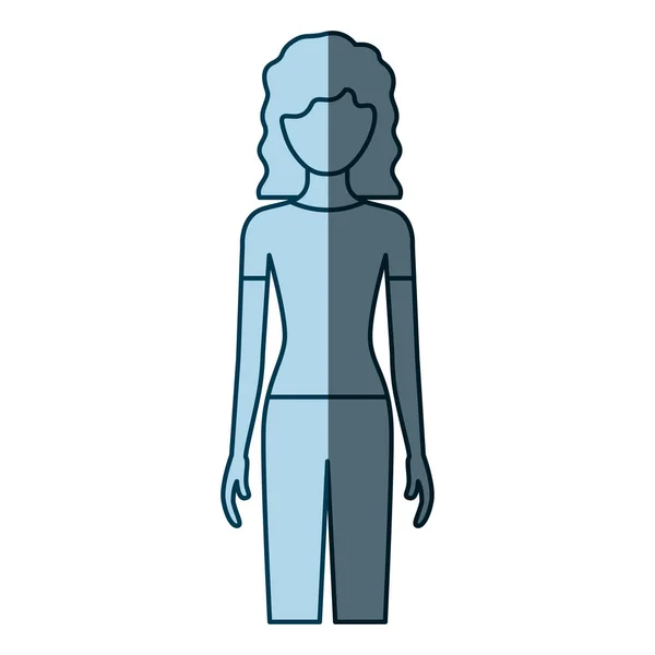 Blue color shading silhouette faceless front view woman with pants and curly hair — Stock Vector