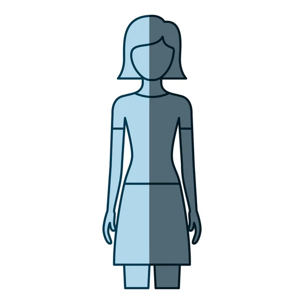 Couleur bleue ombrage silhouette sans visage vue de face femme avec jupe et coiffure courte droite — Image vectorielle