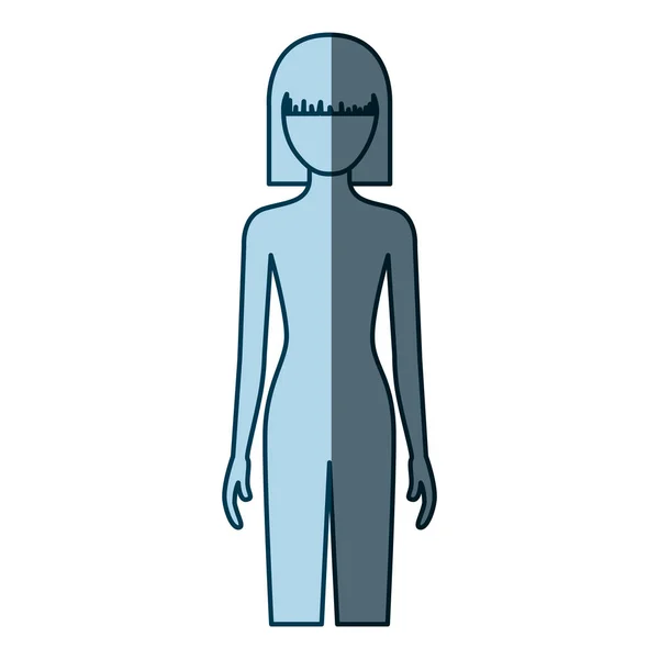 Silueta de sombreado de color azul sin rostro vista frontal mujer cuerpo desnudo con peinado corto recto — Vector de stock