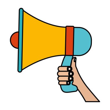 Beyaz arka plan ile renkli megafon kalın kontur ile tutan el silüeti