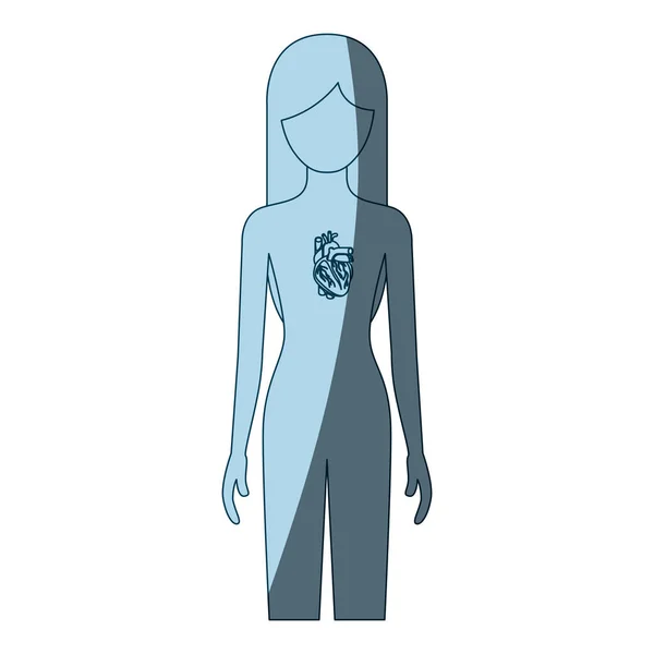 Silueta de sombreado de color azul persona femenina con sistema de hogar cuerpo humano — Vector de stock