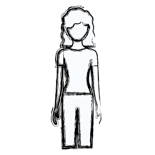 Silhouette sfocata senza volto vista frontale donna con pantaloni e capelli ricci — Vettoriale Stock