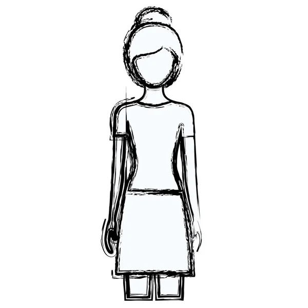 Suddig siluett ansiktslösa framifrån kvinna med kjol och insamlade frisyr — Stock vektor