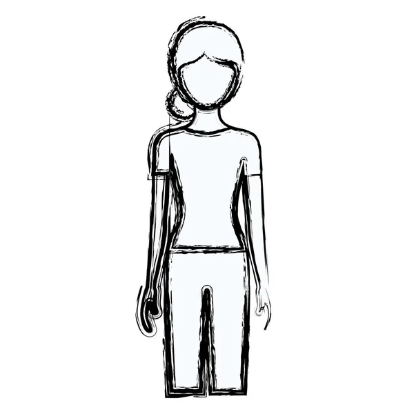 Blurred silhouette faceless front view woman with pants and collect hair - Stok Vektor